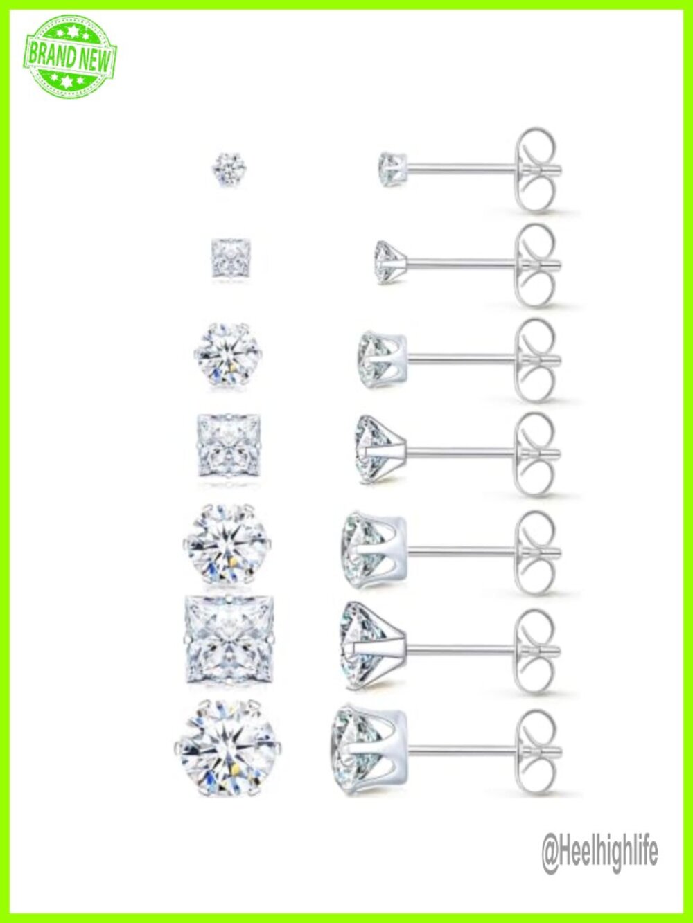CZ Stud Earrings Set 7 Pair Hypoallergenic Surgical Steel Square Round Stackable